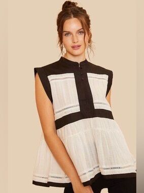 AnnieWear Contrast Trim Peplum Button Detail Blouse Size Large 100% Cotton